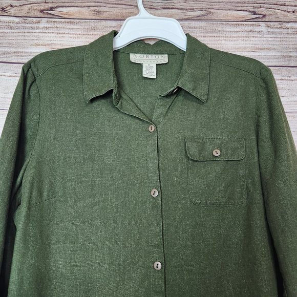 Norton McNaughton Button Up Shirt Women's Size 12 Green 3/4 Sleeve Linen Blend - Picture 2 of 13